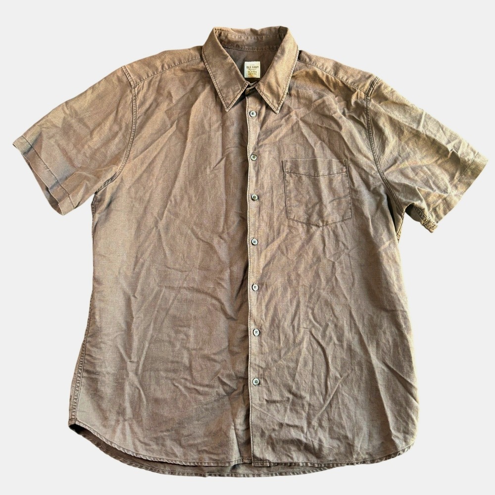 Old Navy Mens XL Brown Linen Cotton Blend Short Sleeve Button Down Shirt RN54023
